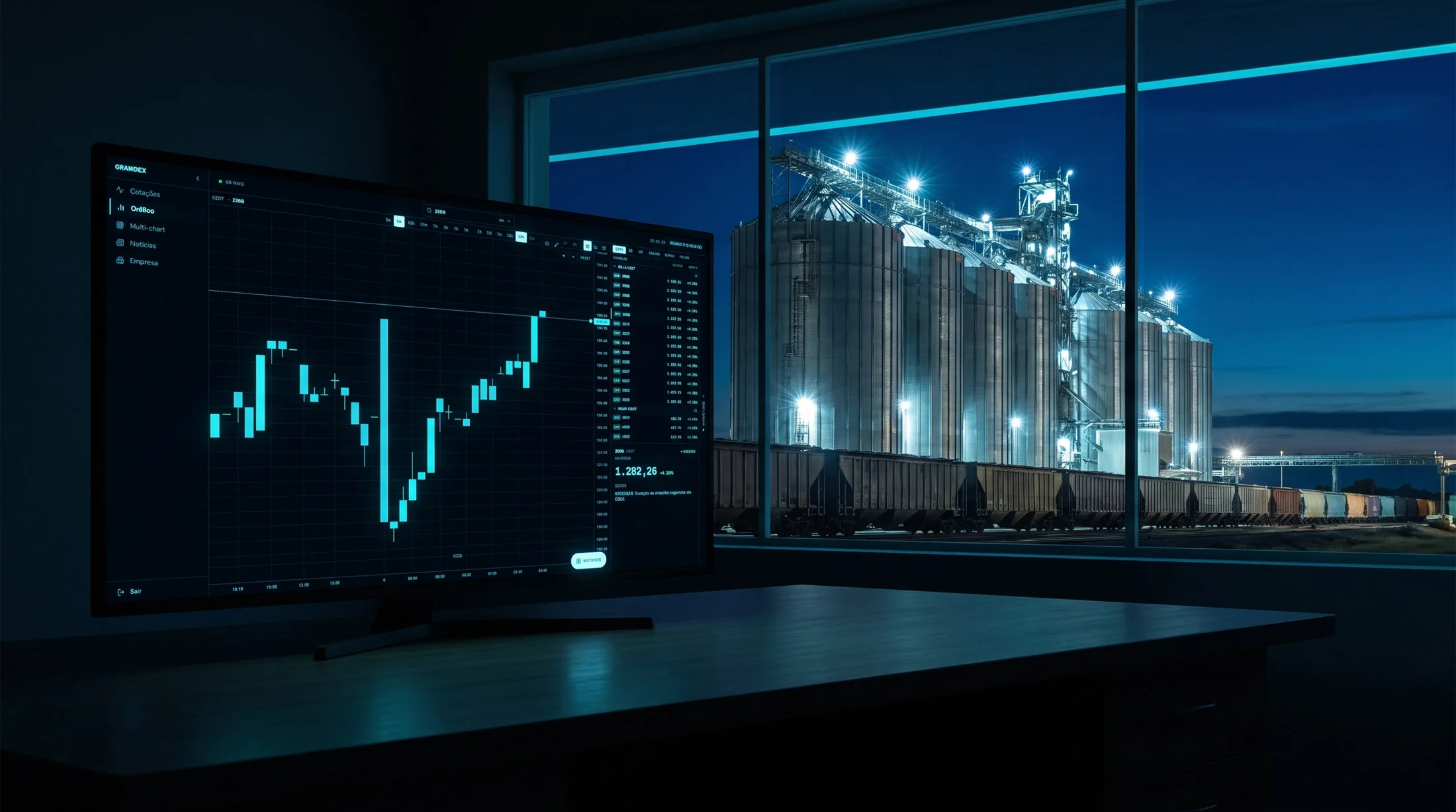 Monitor com o gráfico de mercado do Graindex numa mesa de operação; terminal de grãos e trem pela janela